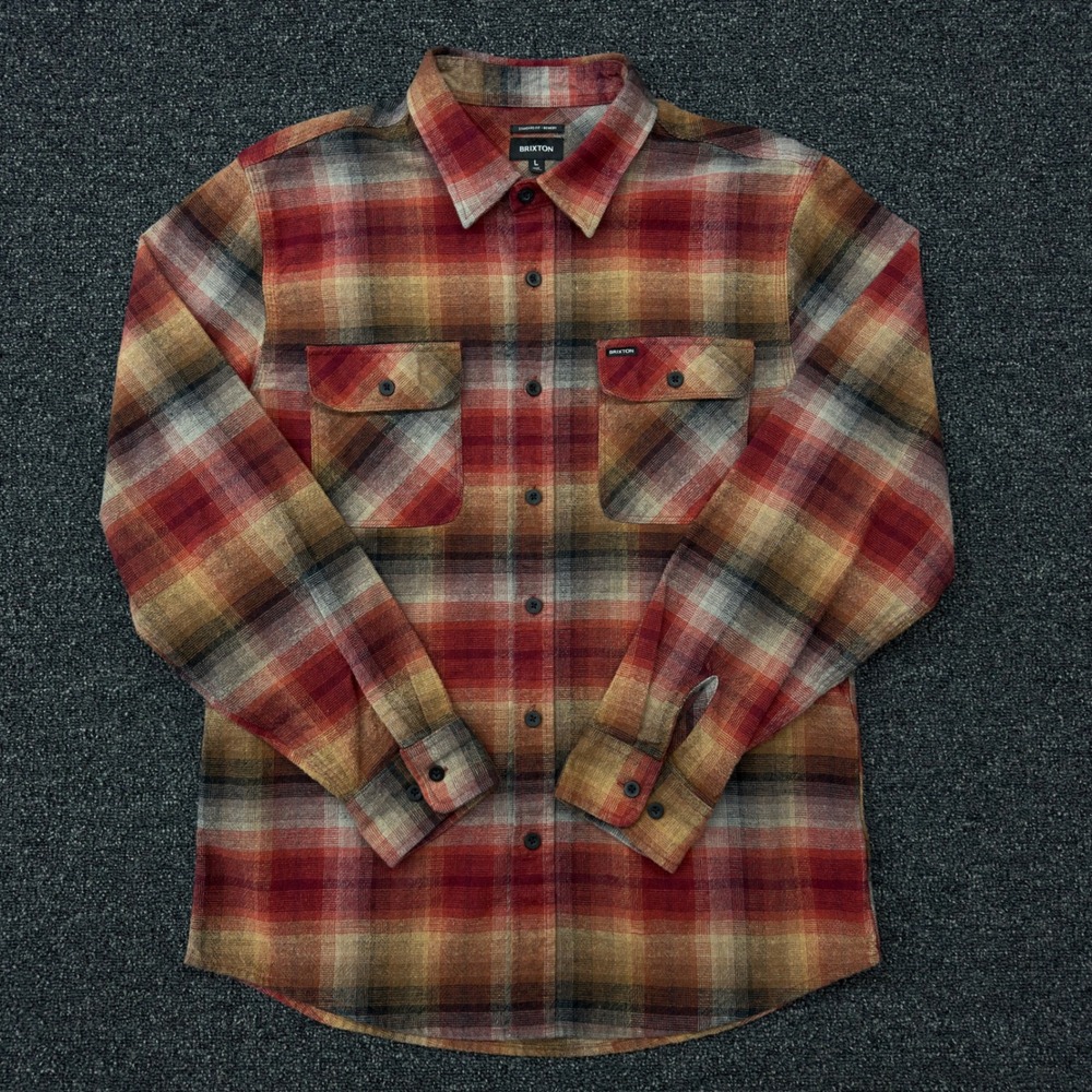 Brixton Bowery Flannel Shirt Mens Large Red‎ Orange Plaid Long Sleeve Button Up